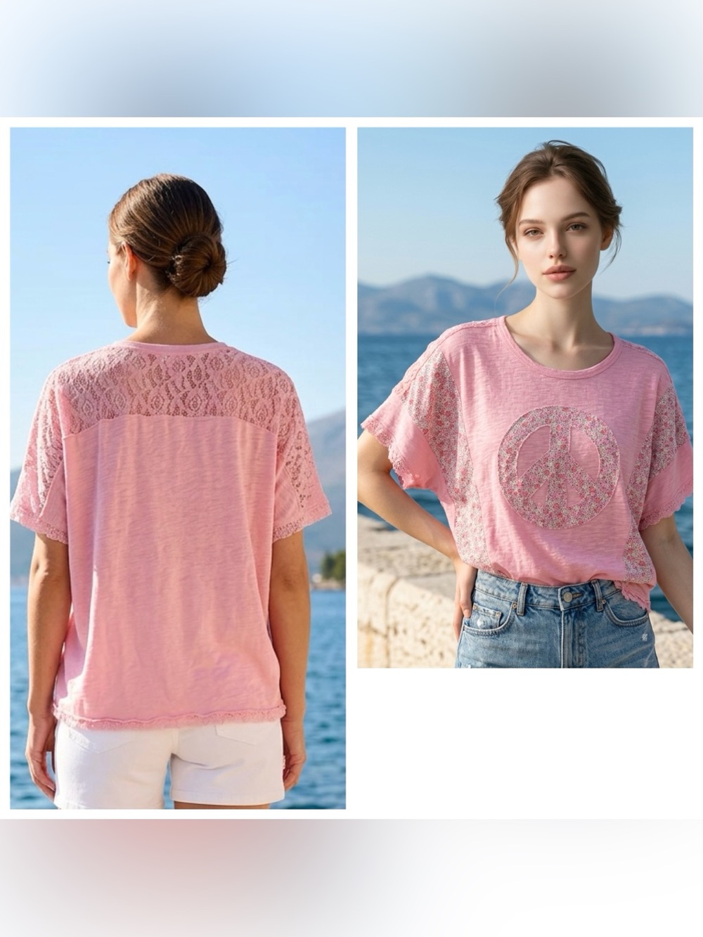 Haptics Women’s Floral Peace Sign Lace Trim Color Block Oversized Top Sz S Pink
